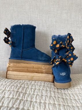 UGG Navy Suede Mid-Calf Boots with Polka Dot Bows